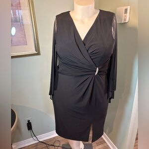 R&M Richards Black Wrap-Front Long Sleeve Cocktail Dress